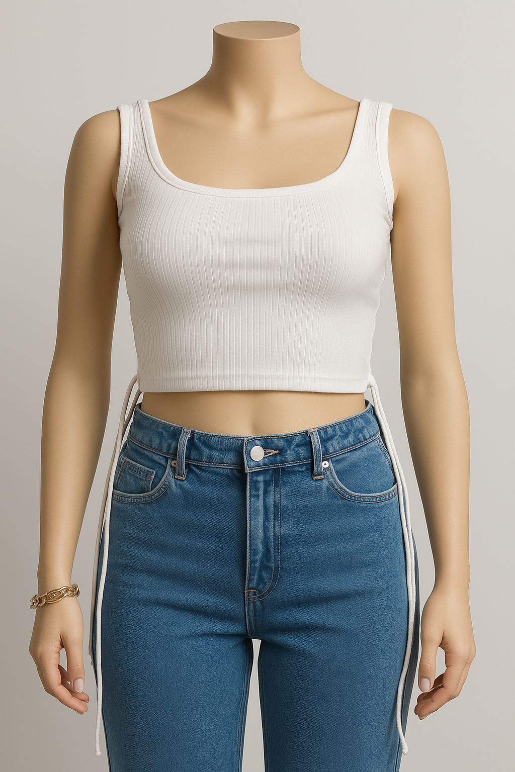 White Ribbed Drawstring Side Tank Top