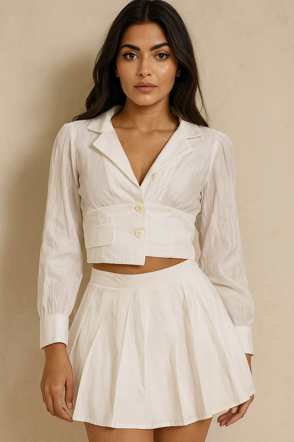 White Pleated Skirt & Cropped Blazer Co-ord Set