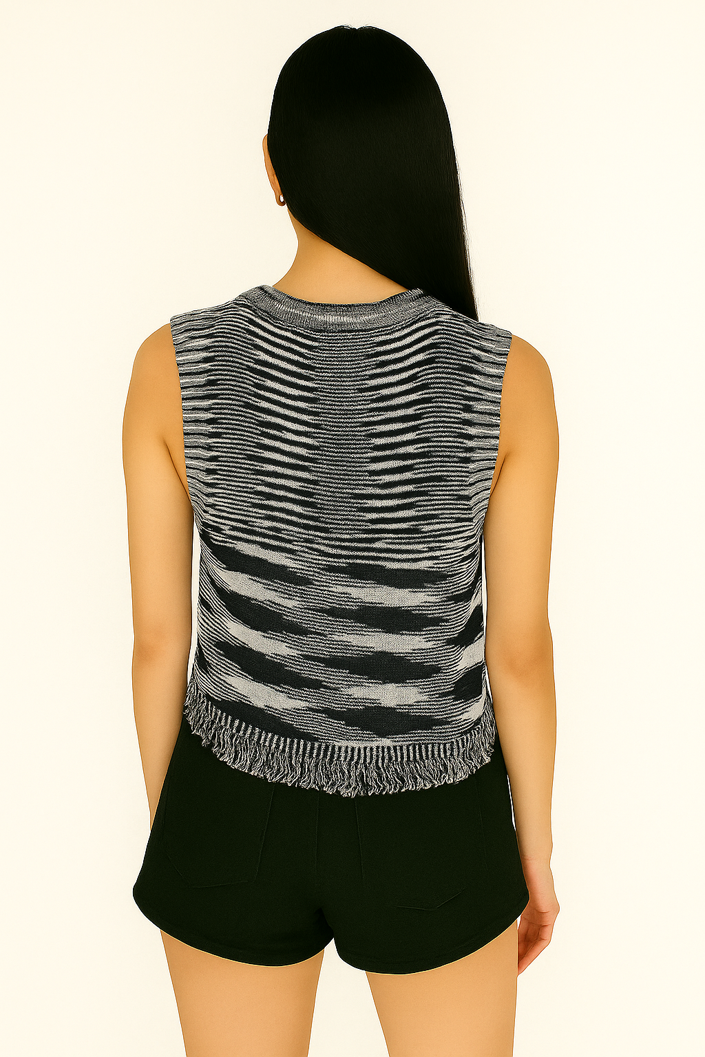 Monochrome Wave Pattern Distressed Fringe Top - Black & White