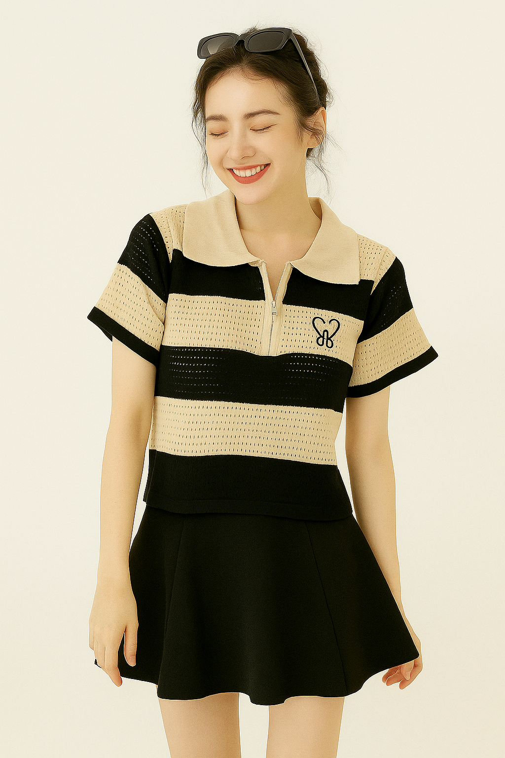 Beige & Black Striped Crochet Polo Top