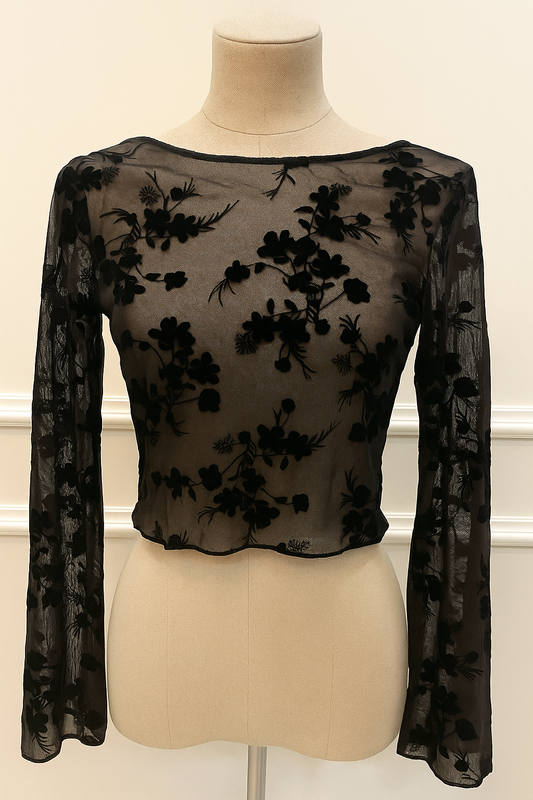 Black Velvet Floral Mesh Stretch Crop Top