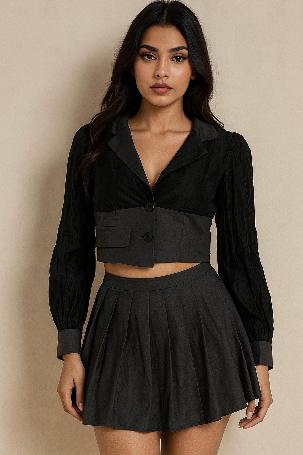 Black Pleated Skirt & Cropped Blazer Co-ord Set