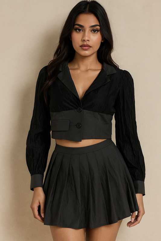 Black Pleated Skirt & Cropped Blazer Co-ord Set