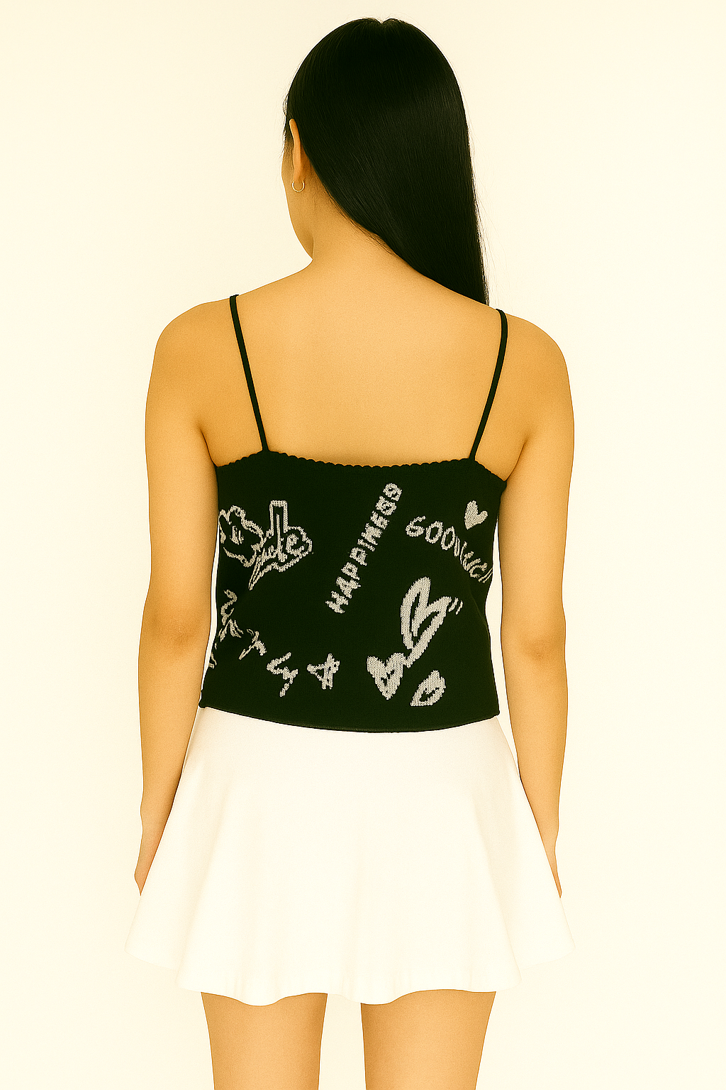 Black Graffiti Print Spaghetti Strap Crop Top - Black with White Print