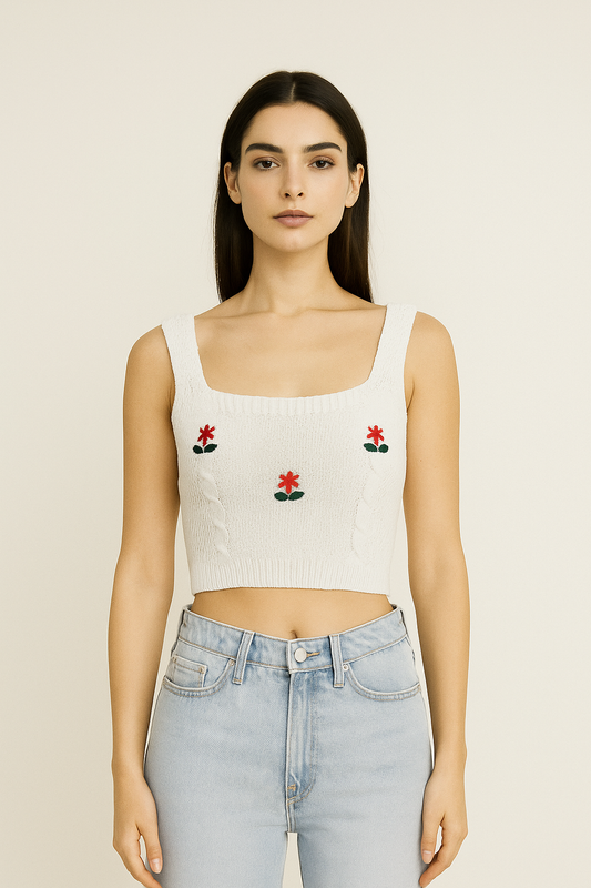 Blossom Embroidered Knit Crop Top – White