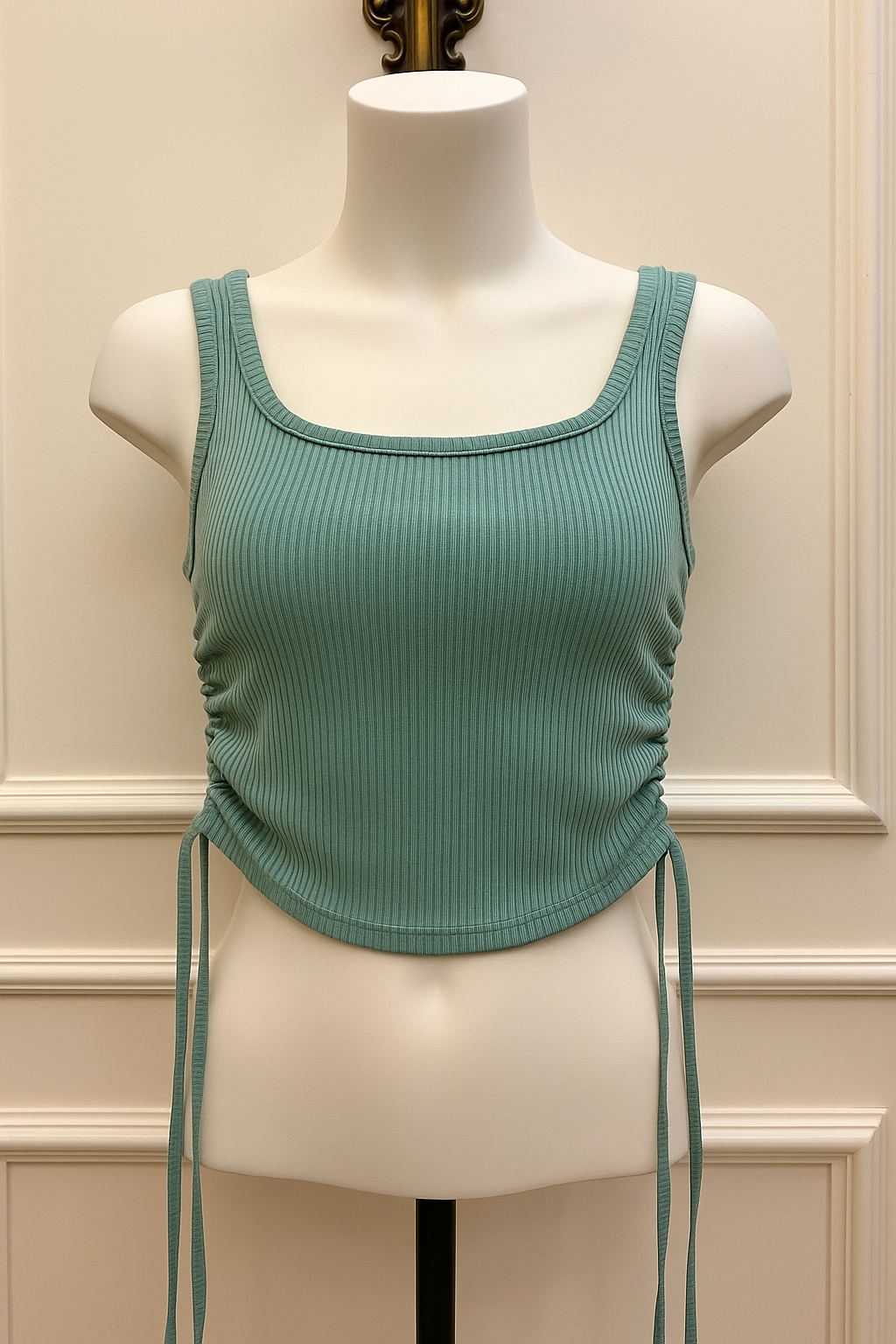 Sage Green Ribbed Drawstring Side Tank Top