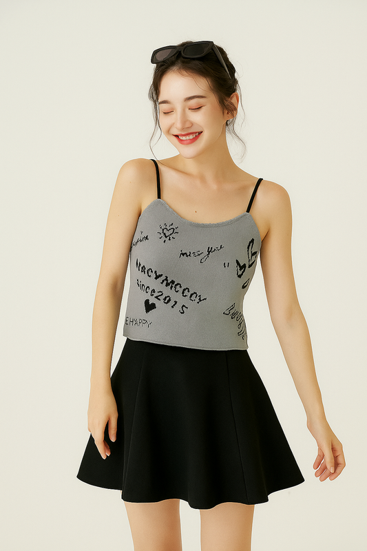 Grey Graffiti Print Spaghetti Strap Crop Top - Light Grey with Black Print