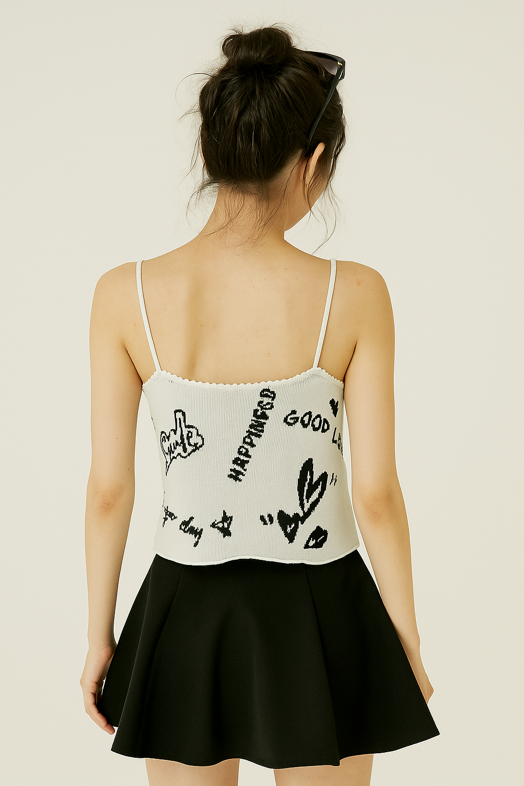 White Graffiti Print Spaghetti Strap Crop Top - White with Black Print