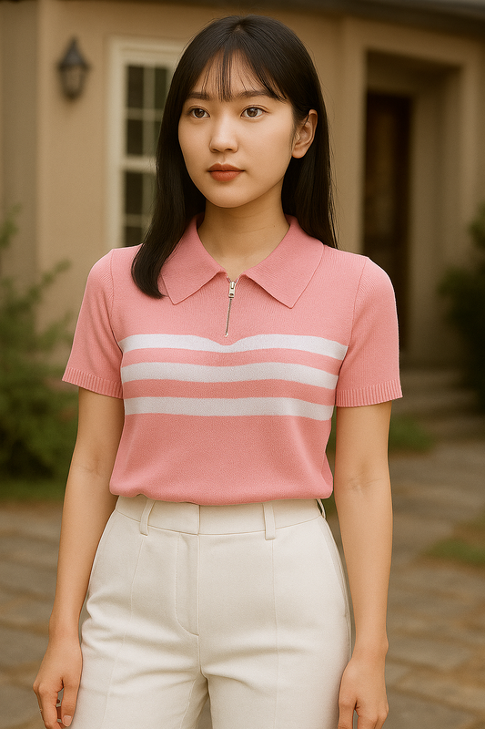 Contrast Striped Polo Knit Top