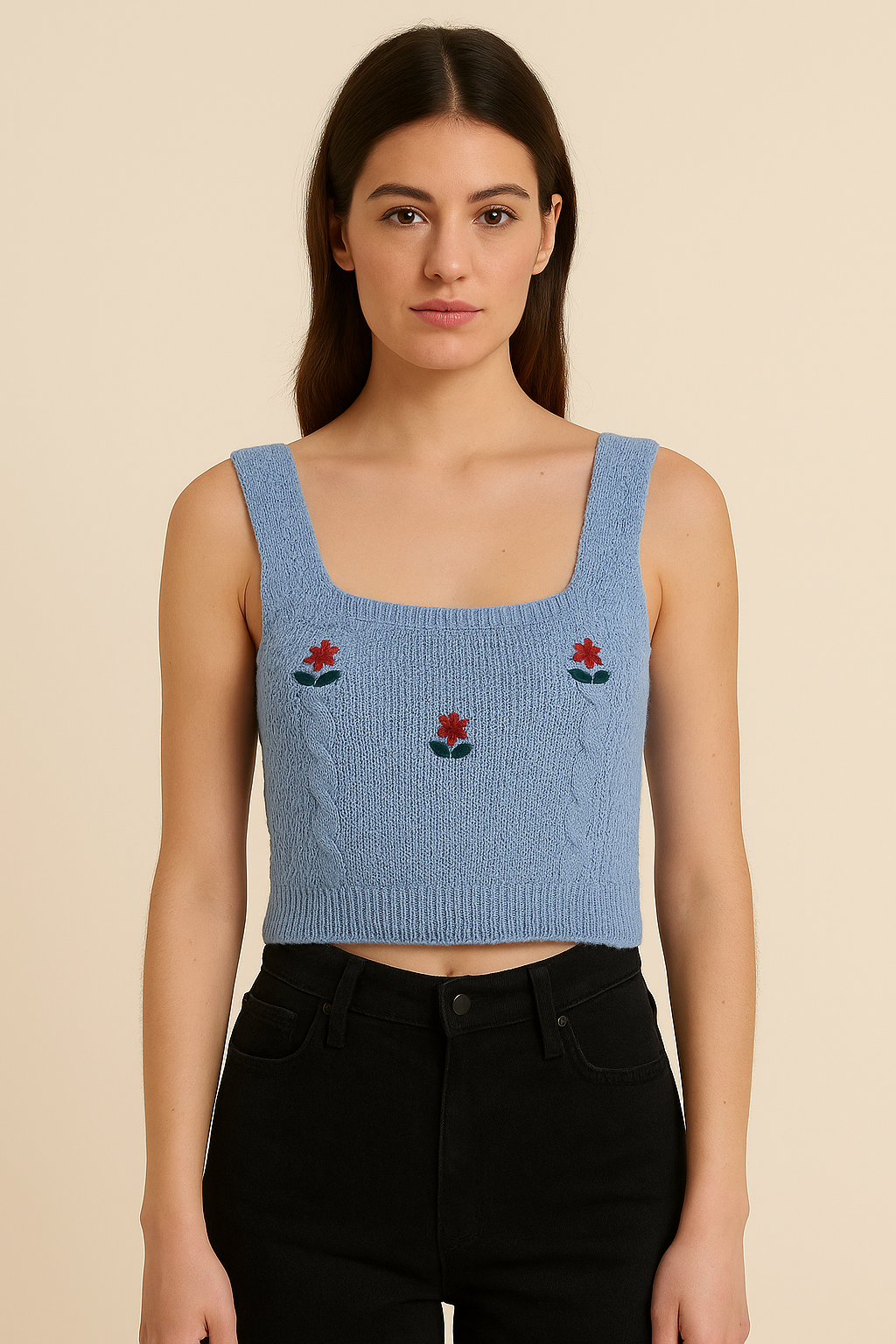 Blossom Embroidered Knit Crop Top – Blue