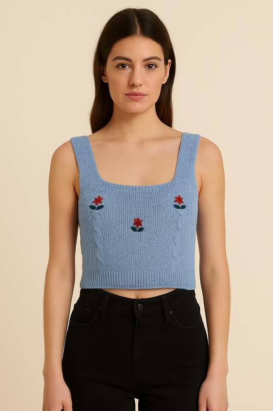 Blossom Embroidered Knit Crop Top – Blue