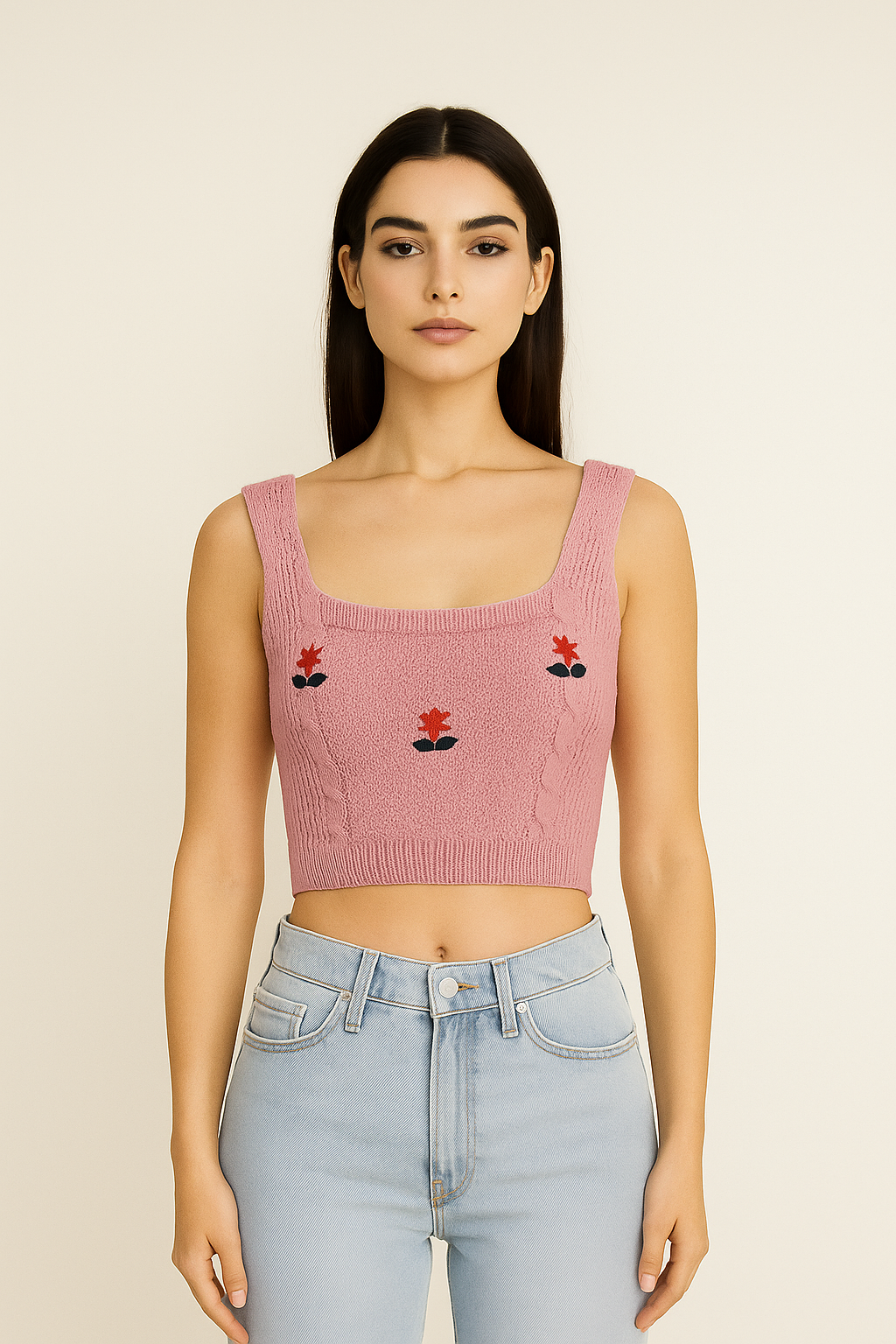 Blossom Embroidered Knit Crop Top – Pink