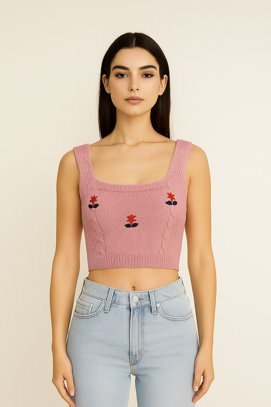 Blossom Embroidered Knit Crop Top – Pink
