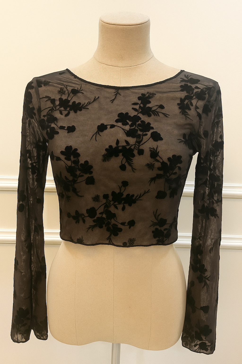 Grey Velvet Floral Mesh Stretch Crop Top