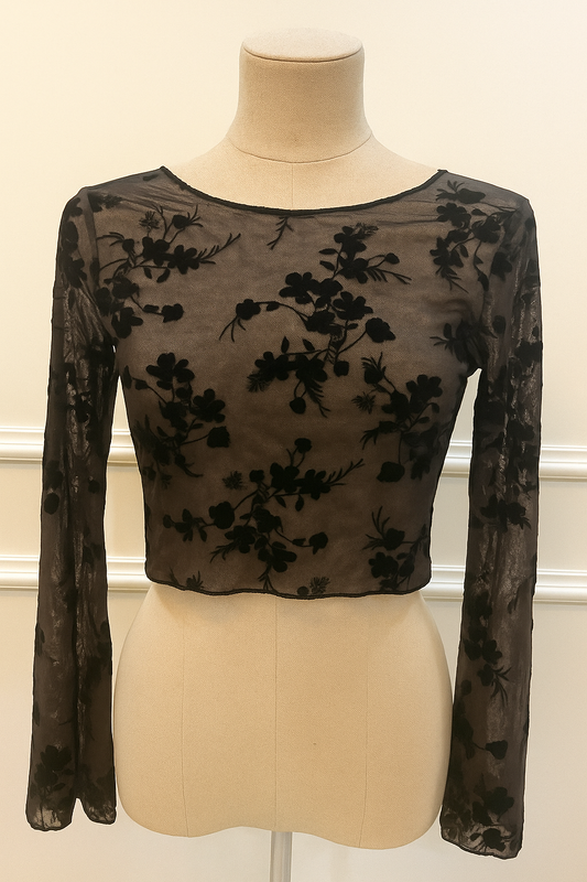 Grey Velvet Floral Mesh Stretch Crop Top