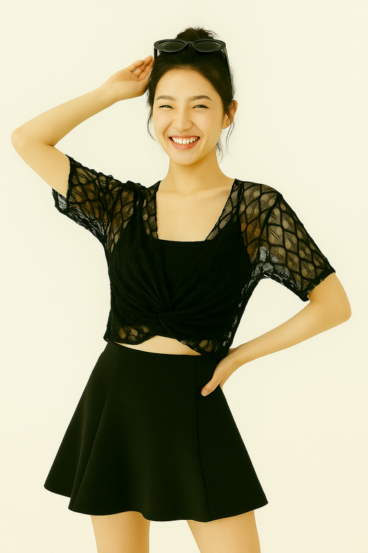 Black Sheer Lace Twist Front Crop Top