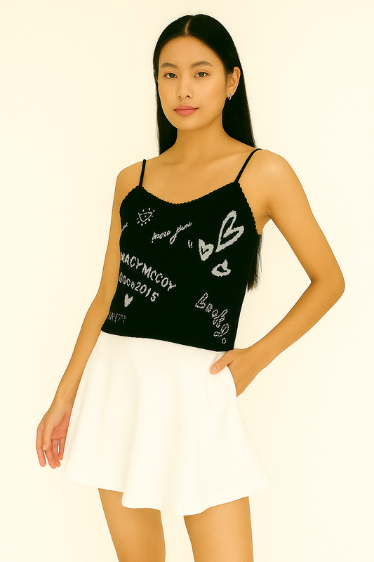 Black Graffiti Print Spaghetti Strap Crop Top - Black with White Print