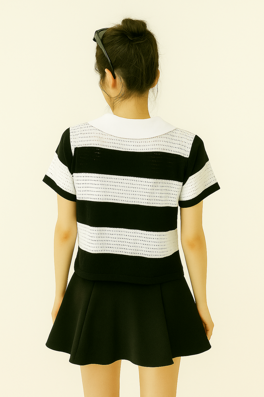 Black and White Striped Crochet Polo Top