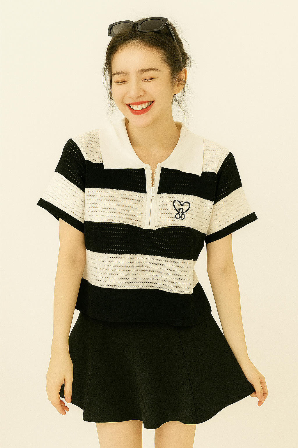 Black and White Striped Crochet Polo Top