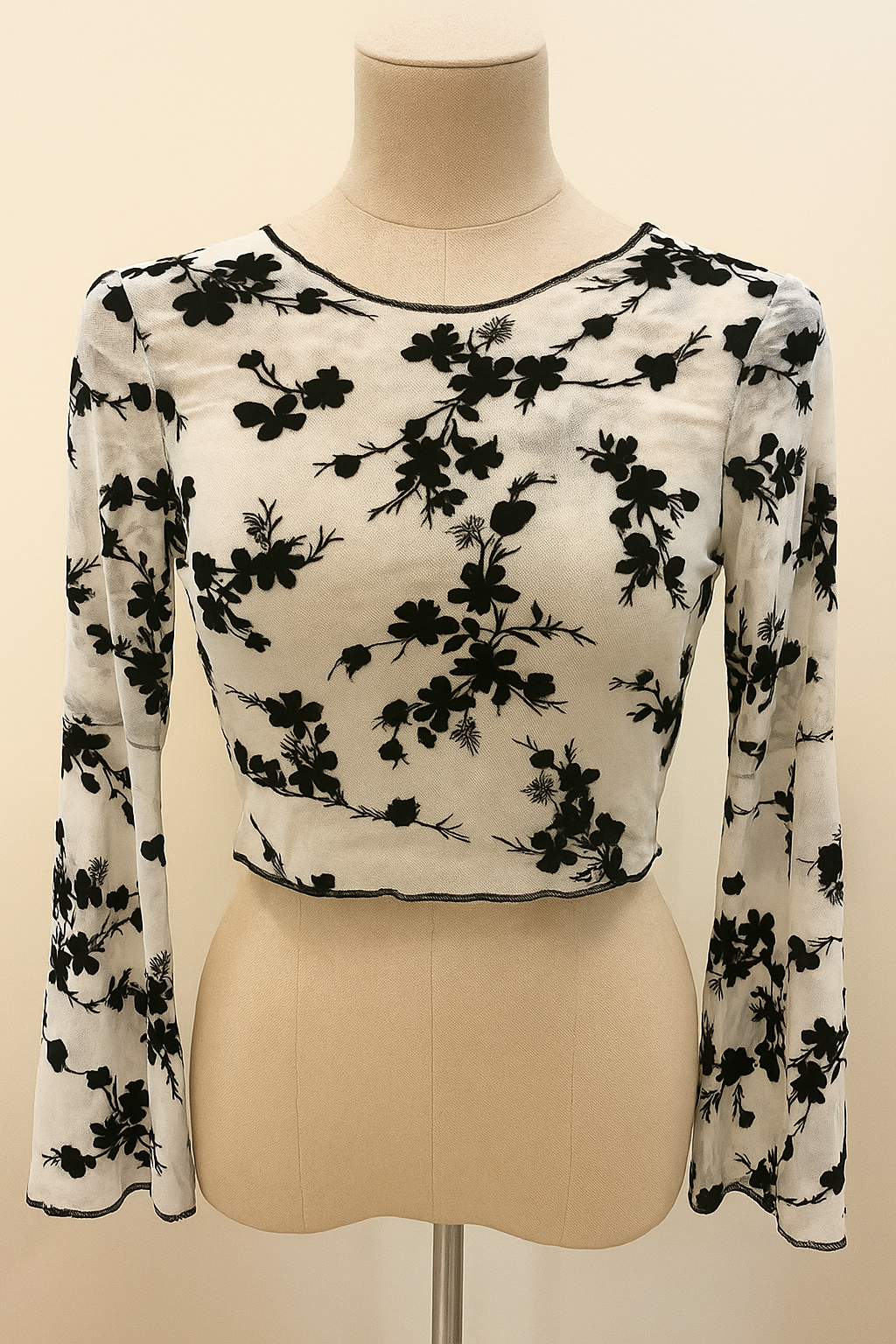 White Velvet Floral Mesh Stretch Crop Top