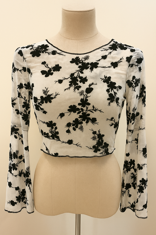 White Velvet Floral Mesh Stretch Crop Top