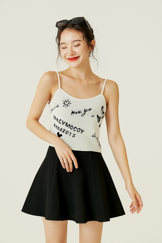 White Graffiti Print Spaghetti Strap Crop Top - White with Black Print
