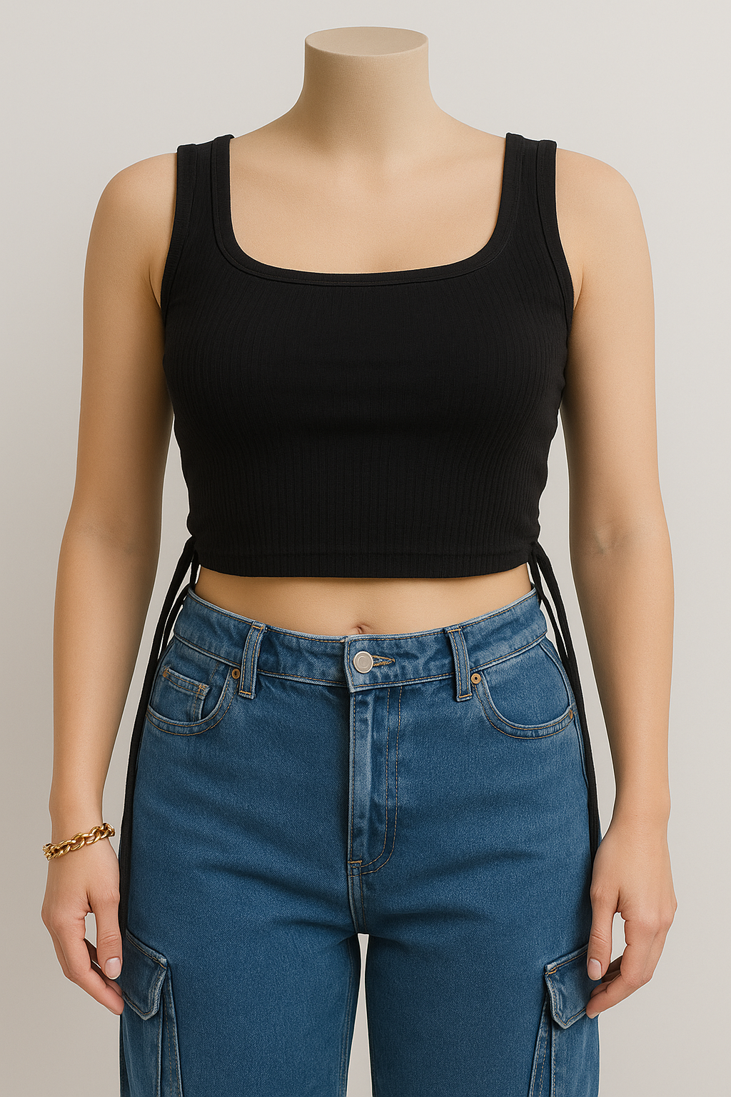 Black Ribbed Drawstring Side Tank Top