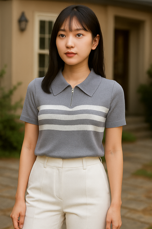 Contrast Striped Polo Knit Top
