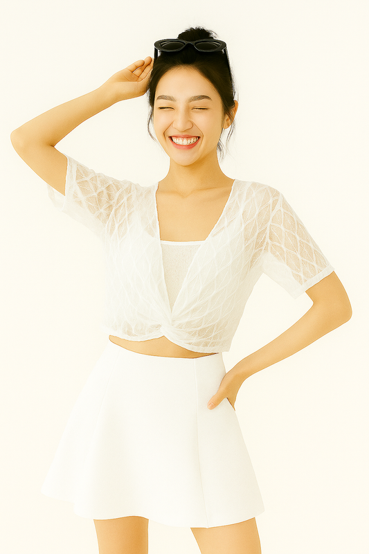 White Sheer Lace Twist Front Crop Top