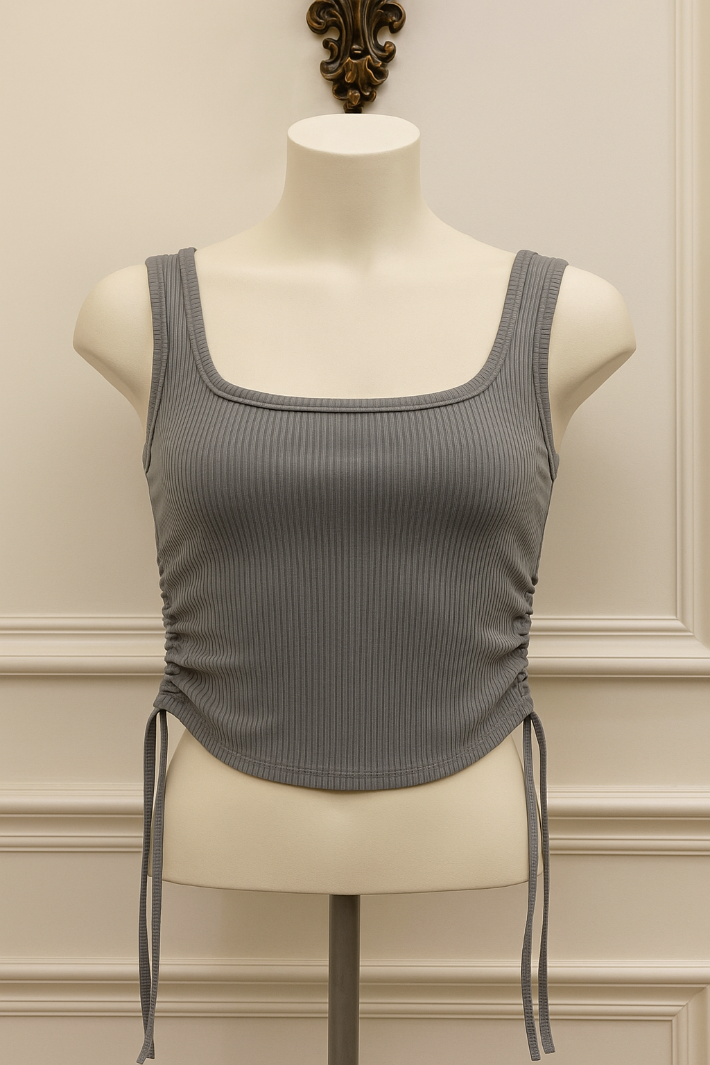 Gray Ribbed Drawstring Side Tank Top