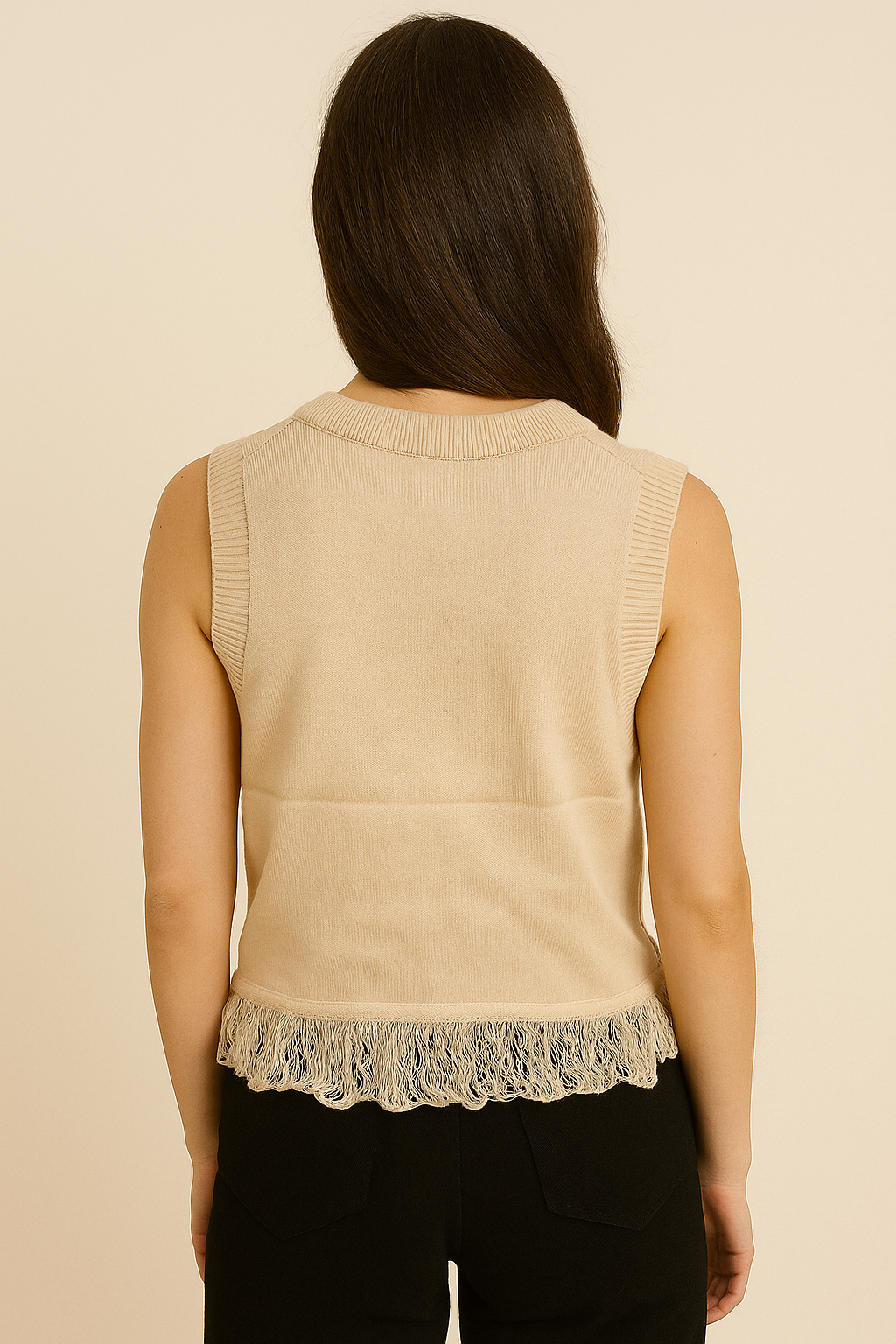 Beige Distressed Knit Sleeveless Top - Light Beige