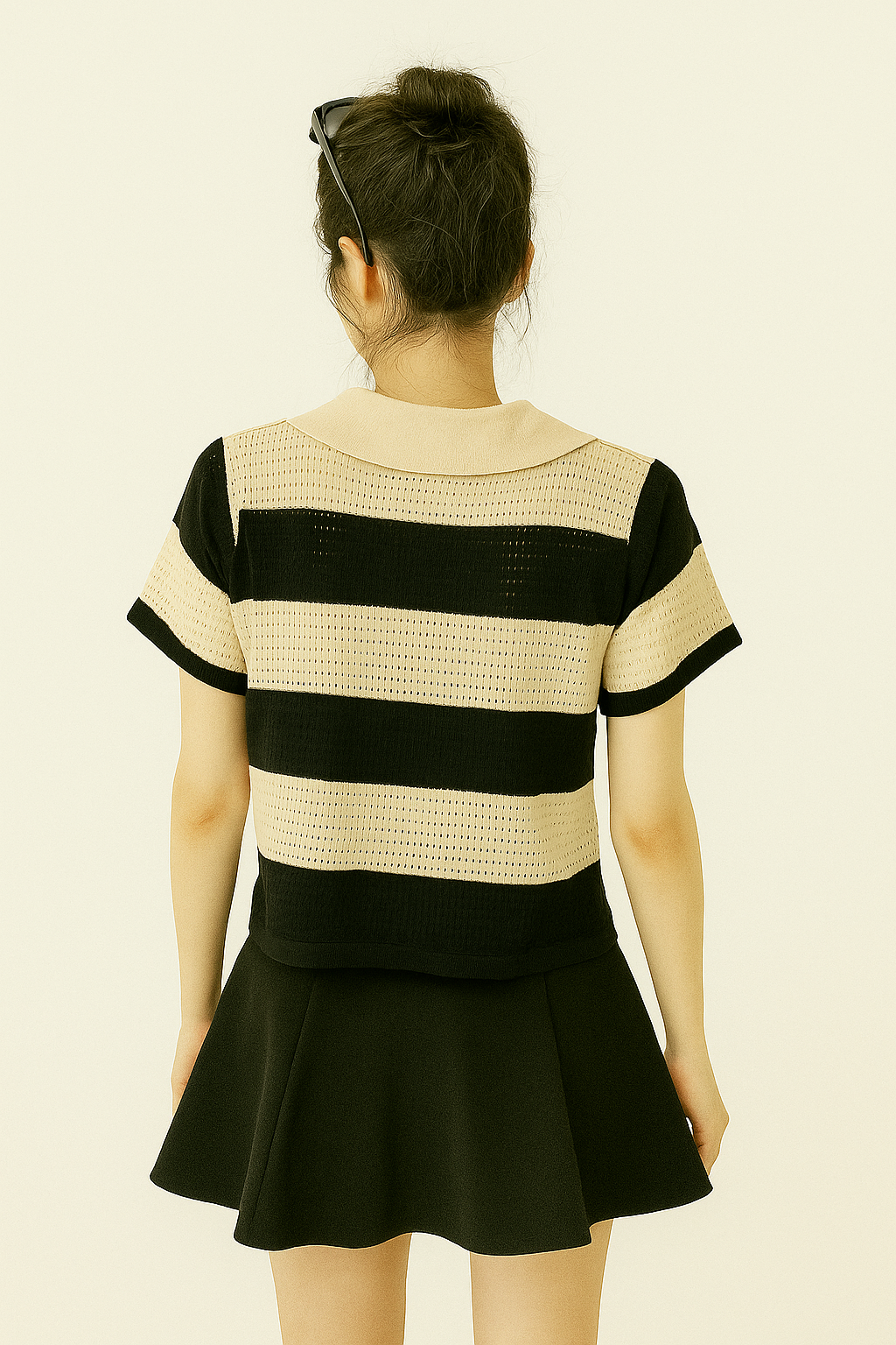 Beige & Black Striped Crochet Polo Top
