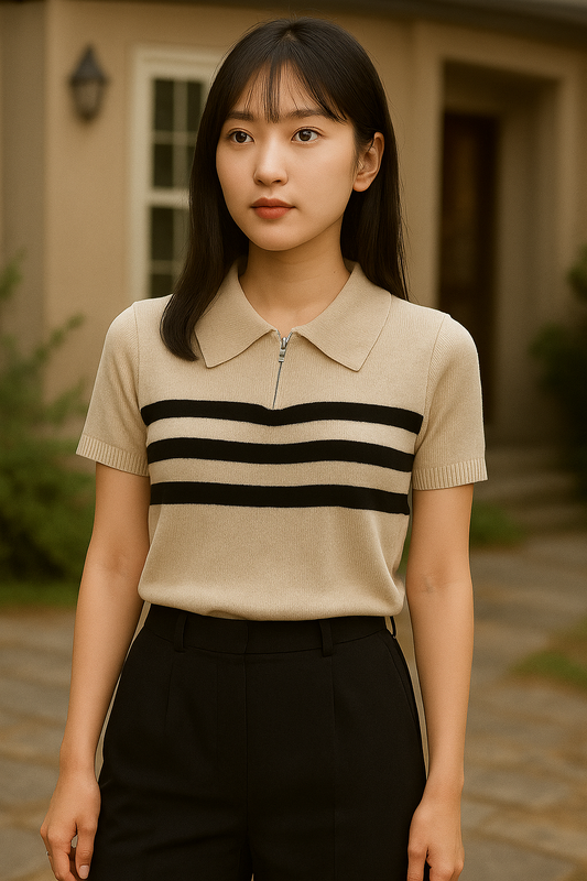 Contrast Striped Polo Knit Top