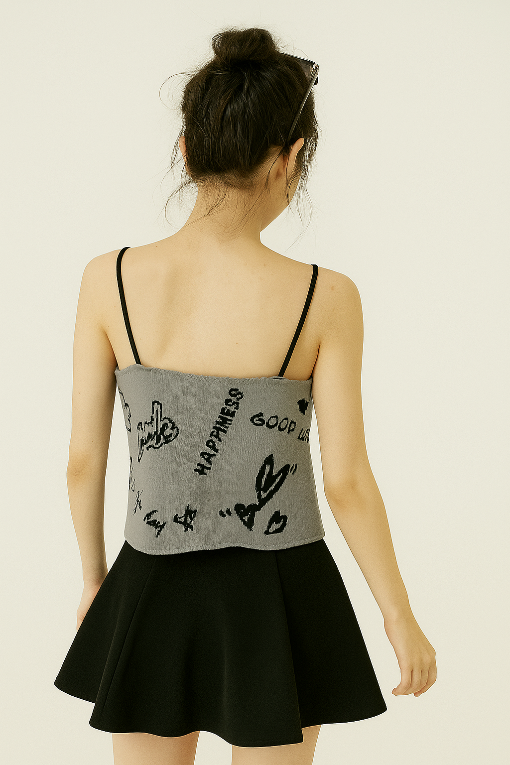 Grey Graffiti Print Spaghetti Strap Crop Top - Light Grey with Black Print