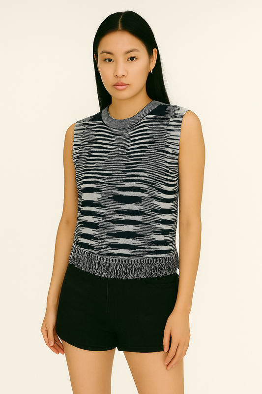 Monochrome Wave Pattern Distressed Fringe Top - Black & White