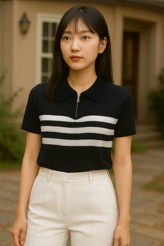 Contrast Striped Polo Knit Top