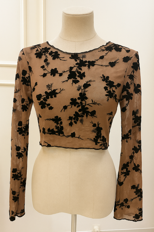 Brown Velvet Floral Mesh Stretch Crop Top