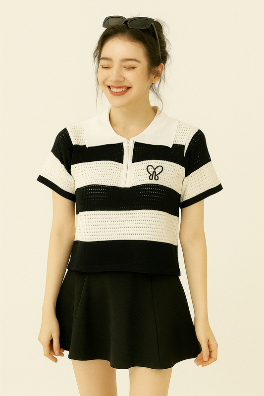 Black and White Striped Crochet Polo Top