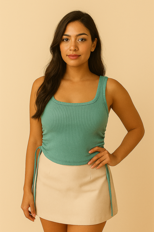 Sage Green Ribbed Drawstring Side Tank Top