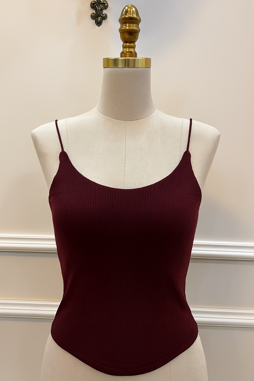 Deep Maroon Ribbed Spaghetti Strap padded Tank Top