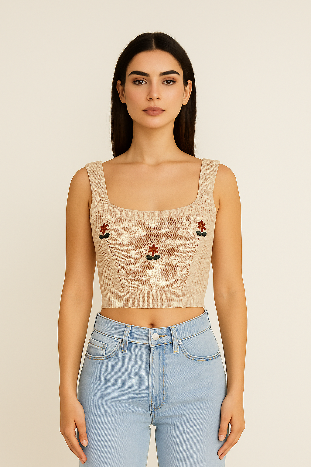 Embroidered Knit Crop Tank Top - beige