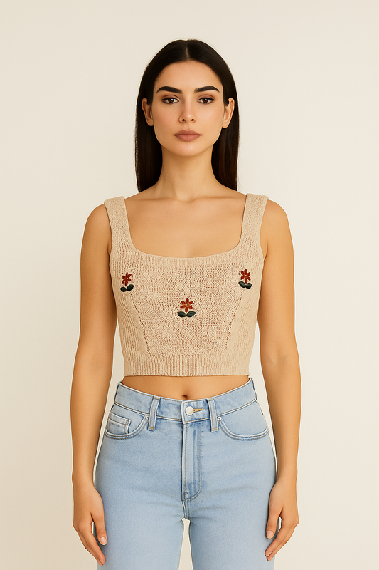 Embroidered Knit Crop Tank Top - beige