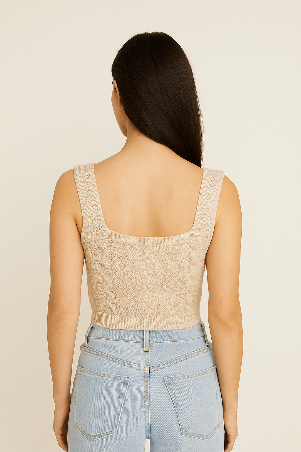 Embroidered Knit Crop Tank Top - beige