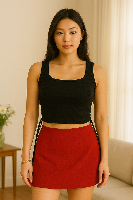 Black Ribbed Drawstring Side Tank Top