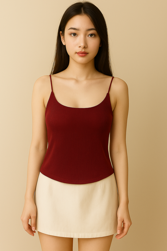 Maroon Ribbed Spaghetti Strap padded Tank Top
