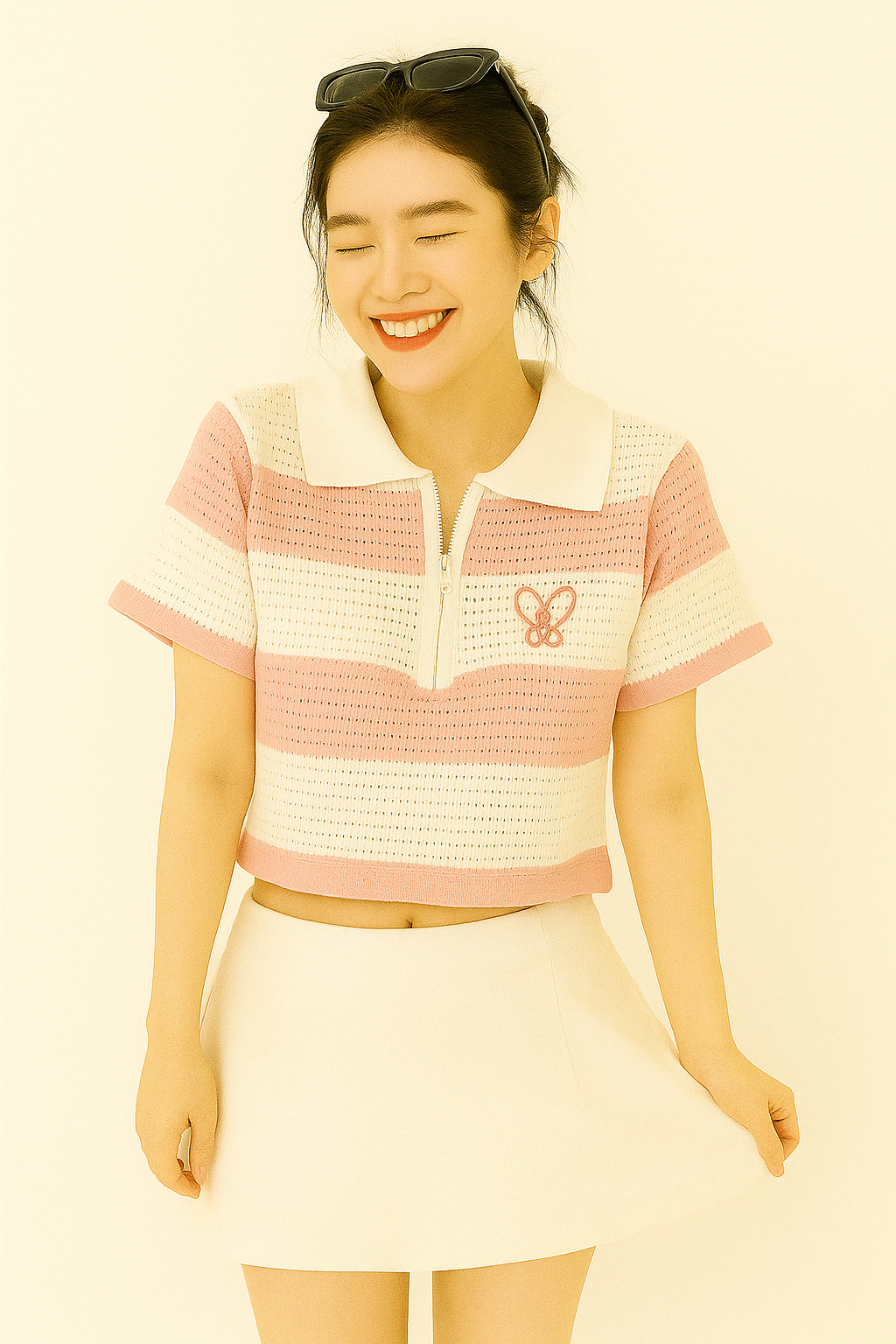 Pink & White Striped Crochet Polo Crop Top