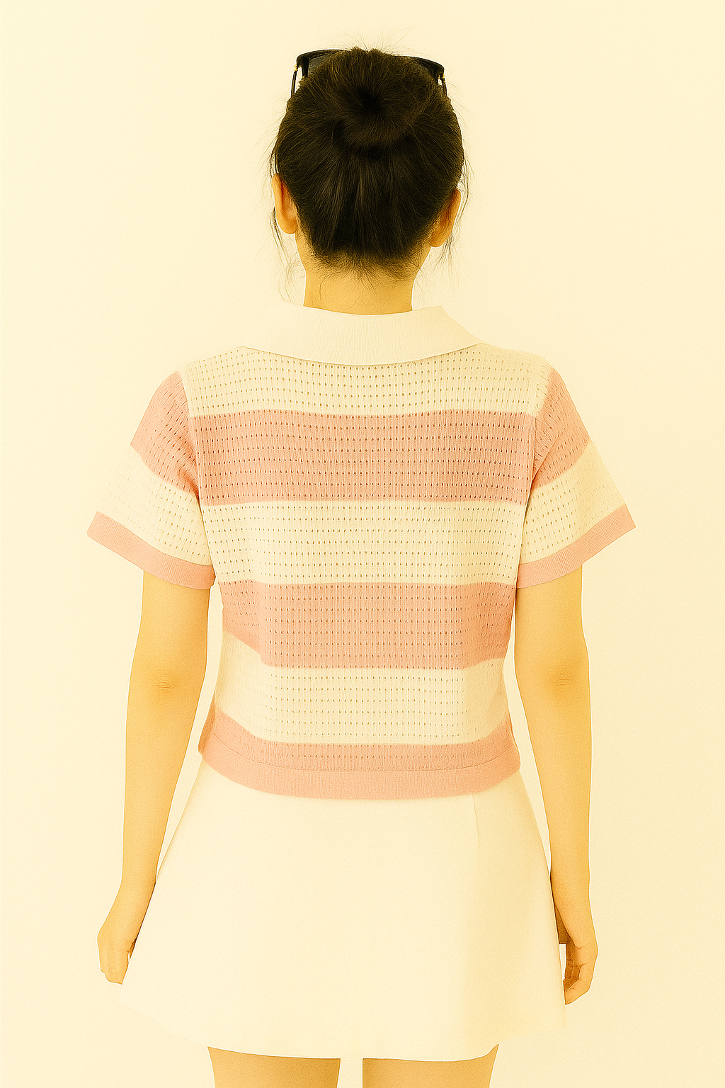 Pink & White Striped Crochet Polo Crop Top